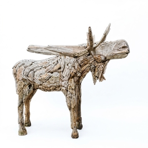 Handcrafted <b>wooden</b> moose bull head up sculpture <b>rustic</b> teak driftwood animal statue antlers floor decoration space unit layout - Product Image 1