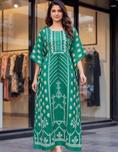 Green <b>Indian</b> Pakistani Women's Traditional Cotton Floor-Length <b>Kaftan</b> Dress Ethnic Party Wear Loose Fit - Product Image 1