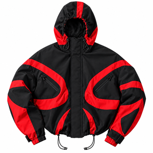 Veste coupe-vent noire et rouge personnalisée, à capuche, légère, pour le sport et la ville, avec fermeture éclair, empiècements contrastés et design personnalisé - Product Image 1