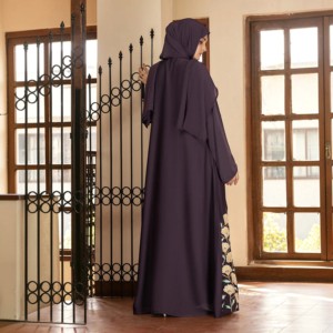 Dark Purple Modest Abaya Floor Length Long Sleeve High Neck Solid Pattern Beaded Details Women's <b>Prayer</b> <b>Dress</b> Middle East Style - Product Image 5