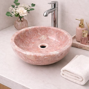 Lavabo de Cuarzo Rosa Natural Ecológico de Lujo, Lavabo Redondo para Baño, Lavabo de Encimera para Diseño de Tocador Moderno - Product Image 1