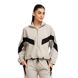 <b>Women's</b> Light Gray Bomber <b>Jacket</b> Long Sleeve Zip Front Casual Sheep Skin Knitted <b>Waterproof</b> Quick Dry Contrast Panel Drawstring - Product Image 1