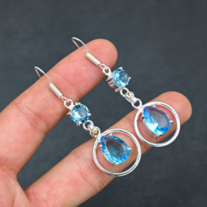 Boucles d'oreilles personnalisées en topaze bleue, style bohème, faites à la main, 1,90 pouce, bijoux en argent sterling 925 - Product Image 2