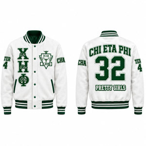 Chaqueta Universitaria Chi Eta Phi para Hombre, Blanca con Letras Verdes Bordadas en la Parte Delantera y Trasera, Diseño 32 Pretty Girls, Estilo Preppy - Product Image 1