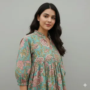 Robe maxi en coton 100% imprimée à la main, style bohème, col en V, manches bouffantes, robe d'été décontractée pour femmes - Product Image 4