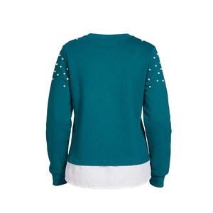 Green Pearl Beaded Crew neck Sweatshirt <b>Women</b> Long Sleeve Pullover Casual Cotton <b>Fleece</b> Winter Fall Fashion Apparel Clothing <b>Top</b> - Product Image 2