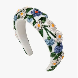 Diadema Acolchada de Tela con Flores Bordadas para Mujer, Aro de Pelo de Algodón Blanco para Fiestas de Verano, Tocado Floral, Proveedor Mayorista - Product Image 1