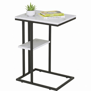 Modern <b>C</b> Shaped Side <b>Table</b> White Marble 2 Tier End <b>Table</b> Black Metal Frame Narrow Coffee Laptop Desk Sofa Bedside Storage Shelf - Product Image 1