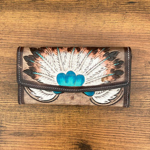 กระเป๋าสตางค์หนังแท้ที่ทำมือสำหรับผู้หญิงลายนูนขนนกตะวันตกกระเป๋าสตางค์หนังแท้ทนทานหนังวัวคลัทช์ลายดอกไม้ - Product Image 2