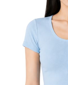 เสื้อครอปแขนสั้นทรงเข้ารูปสีฟ้าอ่อนสำหรับผู้หญิง ผ้าคอตตอนผสมสแปนเด็กซ์ ยืดได้ สวมใส่สบาย เหมาะสำหรับฤดูร้อน มีกระดุม - Product Image 3