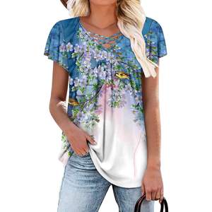 2025 femmes été à manches courtes col en v tunique hauts fleuri bleu M taille brodé mignon Blouse porter des Leggings habillé supérieur - Product Image 1