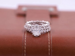 Oval Moissanite Engagement Ring 925 Sterling Silver Set Bubble Prong Diamonds Band Double Hidden Halo Bridal Ring Set - Product Image 3