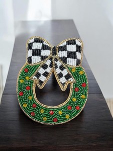 Beaded Christmas Wreath Zari Hanging / Embroidery Patch – Hand Embroidered Zardozi Work, Festive Decorative <b>Ornament</b> - Product Image 1