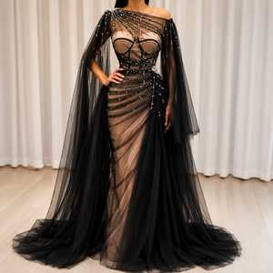 Robe de soirée noire transparente ornée de perles, décolleté cœur, en satin naturel, ornée de cristaux, robe de bal élégante sur mesure - Product Image 2