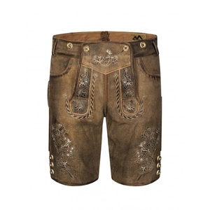 Men's Vintage Brown Embroidered Bavarian Lederhosen Shorts With Cross Back Suspenders - Product Image 2