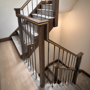 Modern Wood Stair <b>Railing</b> With Metal Balusters Gold Trim Handrail For Indoor Villa Staircase Design - Product Image 2