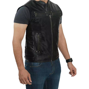 Wholesale <b>Men</b> <b>Leather</b> Vest Real Cowhide Biker Style Zipper <b>Waistcoat</b> Durable Outerwear For Windproof Casual Clothing - Product Image 5