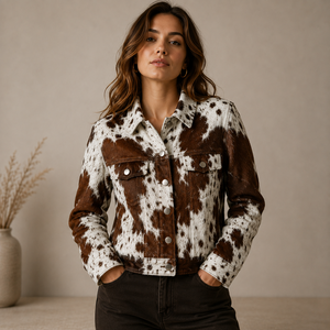 Chaqueta de Cuero Vacuno, Chaqueta de Piel de Oveja con Estampado de Vaca para Hombre, Chaqueta Corta Informal con Botones y Bolsillos, Ropa de Invierno - Product Image 2