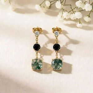 Moss Agate & <b>Black</b> Obsidian Drop Earrings Cushion Cut Green Gemstone Earrings With CZ Accent Elegant Fine Stud Earrings Gift - Product Image 2