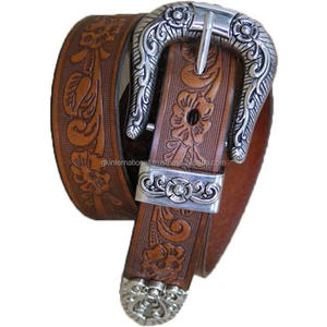 Op uality ality-cinturón occidental de cuero tallado a mano, conjunto de 3 piezas con hebilla floral y acabado antiguo - Product Image 5