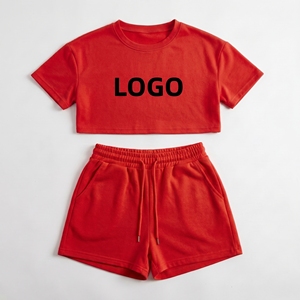 2024 <b>Women's</b> Custom Logo Summer Sports Jogging Two-Piece <b>Set</b> Crop Tank Top <b>Short</b> Sleeve <b>T</b>-<b>Shirt</b> <b>Shorts</b> Solid 100% Cotton - Product Image 3