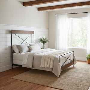 Base de Cama Moderna de Hierro y Madera con Estructura Metálica, Paneles de Madera Sólida y Diseño Minimalista, Ideal para Dormitorios Rústicos - Product Image 1