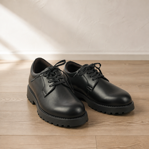 Chaussures Derby en cuir PU noir à lacets avec doublure en mesh, plateforme discrète de 5 cm pour augmenter la taille, bout uni, toutes saisons - Product Image 1