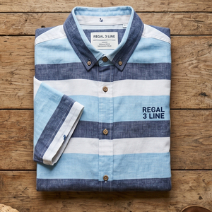 เสื้อเชิ้ตแขนสั้นลายทาง Regal 3 Line สำหรับผู้ชาย คอปกเสื้อพับได้ เสื้อว่ายน้ำ เสื้อท็อปส์เด็กชาย ผ้าฝ้าย 100% เสื้อชายหาดฤดูร้อนสำหรับผู้ชาย - Product Image 3