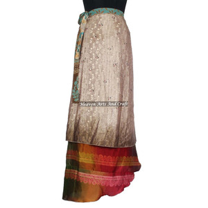 Achetez des jupes longues enveloppantes bohèmes colorées à 2 couches, réversibles, en soie magique, style sari, paréo de plage, longue jupe enveloppante. - Product Image 6