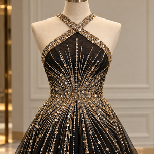 Black Crystal Evening Dress <b>Floor</b> <b>Length</b> Sleeveless A-Line <b>Gown</b> Sweetheart Neck Party Banquet Wear - Product Image 3