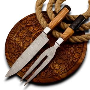 ชุดมีดสับและส้อมทำจากเหล็กดามัสกัสคุณภาพสูง คมกริบระดับมืออาชีพ สำหรับหั่นเนื้อบริสเก็ต บาร์บีคิว ใช้งานได้ทั้งมือซ้ายและขวา ด้ามจับสีเขียวมะกอก - Product Image 1