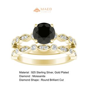 Ensemble de bagues de fiançailles plaqué or avec moissanite noire taille ronde pour femme, avec halo, alliance de mariage assortie, cadeau d'anniversaire - Product Image 6