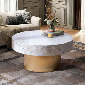 Table basse blanche minimaliste de luxe avec meubles en incrustation d'os à motif d'oeil de chat pour le salon - Product Image 3