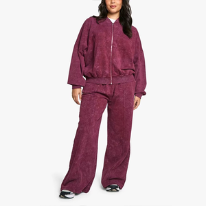 Conjunto de Sudadera y Pantalones Casuales para Mujer, Talla Grande, Color Borgoña, Manga Larga, Cierre Frontal con Cremallera, Bolsillos Laterales, Corte Holgado, Color Sólido - Product Image 4