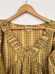 Women's 100% Cotton Beige Border Print <b>Ruffle</b> Neck Long Sleeve A-Line Mini Bohemian Tunic <b>Dress</b> Summer Vacation Beach <b>Dress</b> - Product Image 2