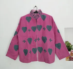 Vintage Suzani Jacket Women Hot Pink Cotton TNT <b>Garden</b> Heart Applique Handcrafted Boho Layering Coat - Product Image 2
