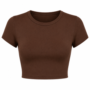 OEM Blank Women T Shirt <b>Short</b> <b>Sleeve</b> Round Neck Solid Crop <b>Top</b> Fitness Slim Ribbed <b>Knit</b> Cotton Spandex Cropped Tee For <b>Lady</b> Bran - Product Image 1