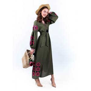 Robe longue brodée florale ethnique à col en V avec ceinture mi-taille pour femme, motifs brodés, manches longues, style Ukraine - Product Image 3