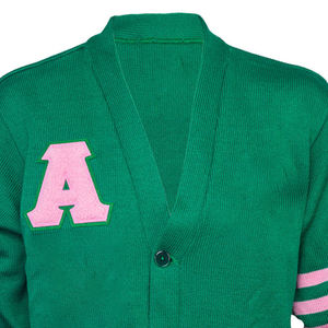Green Knitted <b>Cardigan</b> With Pink A Letter And Stripes V Neck Long Sleeve Women's Casual Sweater Top - Product Image 2