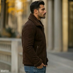 Men's Brown <b>Suede</b> Shearling Aviator <b>Jacket</b> - Handmade Winter Coat. - Product Image 4