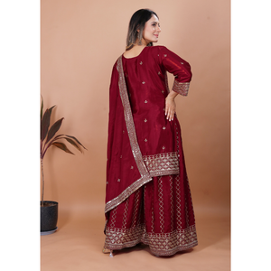 Ensemble haut, palazzo et dupatta en soie Chinon brodée de sequins, tenue ethnique de fête pour femmes, ensemble trois pièces. - Product Image 4