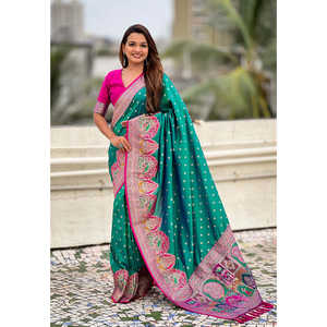 Green <b>Pashmina</b> Darbari Silk Saree with Zari Woven Indian & Pakistani Clothing - Product Image 6