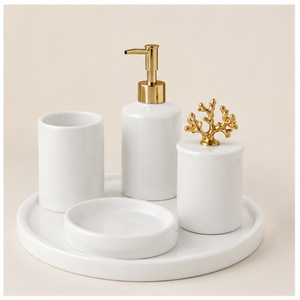 Modern Luxury White Marble Bathroom Accessory Set with Gold Accents Soap Dispenser <b>Toothbrush</b> <b>Holder</b> Tray and Lidded Storage Jar - Product Image 1