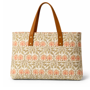 Canvas Tote <b>Bag</b> Leaf Pattern Brown Leather Handles Zip Closure Summer Autumn Daily Use All Minimalist Style Indian Hand Block - Product Image 1