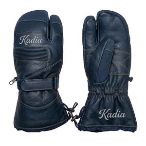 Mitaines à 3 doigts pour homme avec logo personnalisé, bleu marine, en cuir véritable, gants de ski imperméables, mitaines thermiques en cuir de vachette avec broderie - Product Image 6
