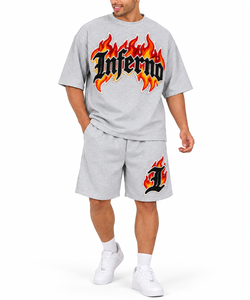 Ensemble décontracté 2 pièces pour homme Inferno Flame Chenille Embroidery Cardio Training, t-shirt et short en coton gris, tenue d'été - Product Image 1