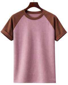 T-shirt en jersey raglan pour homme, col rond, manches courtes, rose et marron bicolore, décontracté, été, uni, tricoté, logo personnalisé - Product Image 1