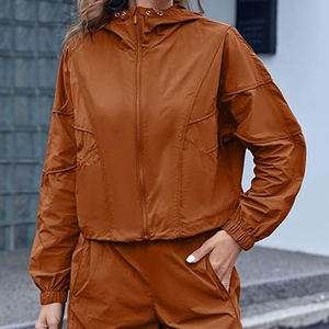 Wholesale High Quality Autumn 2 Piece Set Custom Logo Solid Casual <b>Hooded</b> Breathable Women's Shorts Patches Windbreaker <b>Zip</b>-Up - Product Image 1
