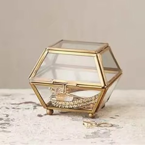 Crystal Jewelry Box with Gold Trim Round <b>Storage</b> Case for Rings Earrings Necklace Vanity <b>Dressing</b> <b>Table</b> Organizer - Product Image 4