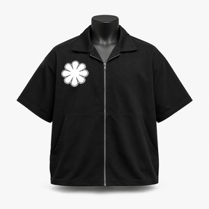 เสื้อเชิ้ตแขนสั้นสีดำสำหรับผู้ชายพร้อมงานปักลายดอกไม้สีขาวแบบลำลองคอปกพับได้สำหรับฤดูร้อน - Product Image 1